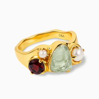 18KT Yellow Gold Vermeil Raw Green Amethyst & Round Garnet Wavy Ring - Rolling Tides Front View