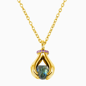 18KT Yellow Gold Vermeil Raw Labradorite Cradle Necklace - Guardian Hands Front View
