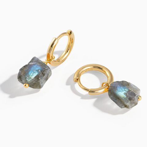 18KT Yellow Gold Vermeil Raw Labradorite Drop Hoop Earrings - Untamed Grace Front View
