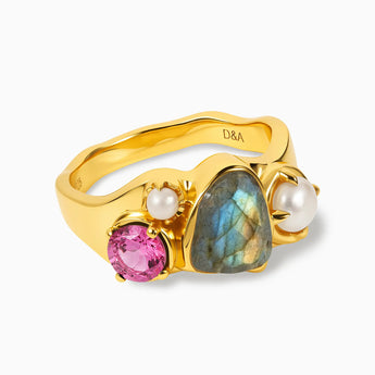 18KT Yellow Gold Vermeil Raw Labradorite & Round Pink Tourmaline Wavy Ring - Rolling Tides Front View