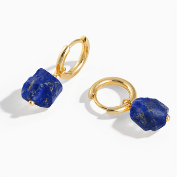 18KT Yellow Gold Vermeil Raw Lapis Lazuli Drop Hoop Earrings - Untamed Grace Front View