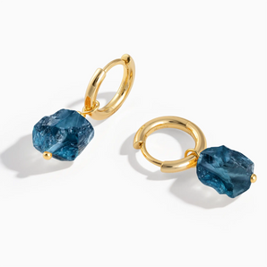18KT Yellow Gold Vermeil Raw London Blue Topaz Drop Hoop Earrings - Untamed Grace Front View