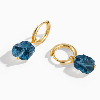 18KT Yellow Gold Vermeil Raw London Blue Topaz Drop Hoop Earrings - Untamed Grace Front View