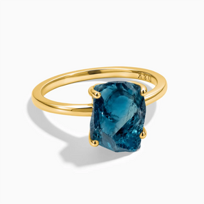 18KT Yellow Gold Vermeil Raw London Blue Topaz Ring - Freeform Front View