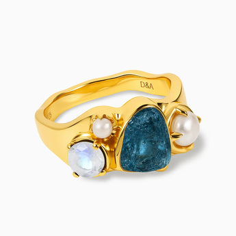 18KT Yellow Gold Vermeil Raw London Blue Topaz & Round Moonstone Wavy Ring - Rolling Tides Front View
