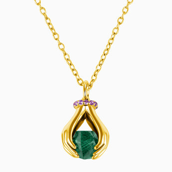 18KT Yellow Gold Vermeil Raw Malachite Cradle Necklace - Guardian Hands Front View