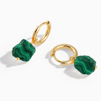 18KT Yellow Gold Vermeil Raw Malachite Drop Hoop Earrings - Untamed Grace Front View