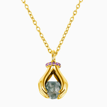 18KT Yellow Gold Vermeil Raw Moss Agate Cradle Necklace - Guardian Hands Front View