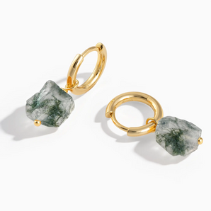 18KT Yellow Gold Vermeil Raw Moss Agate Drop Hoop Earrings - Untamed Grace Front View