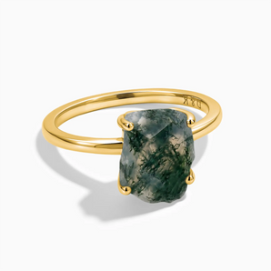 18KT Yellow Gold Vermeil Raw Moss Agate Ring - Freeform Front View