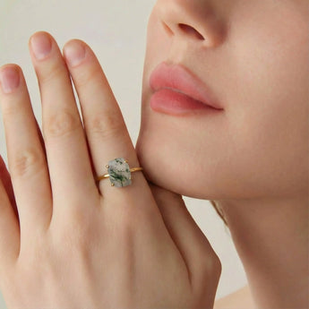 18KT Yellow Gold Vermeil Raw Moss Agate Ring - Freeform Model Shot