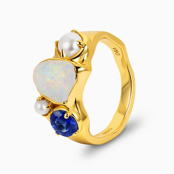 18KT Yellow Gold Vermeil Raw Opal & Round Blue Sapphire Wavy Ring - Rolling Tides Side View