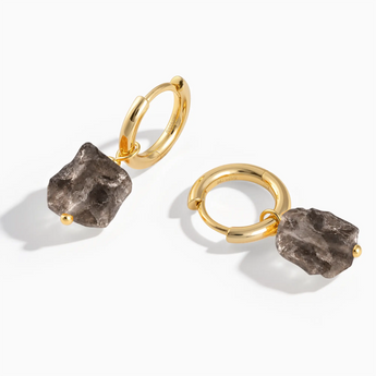 18KT Yellow Gold Vermeil Raw Smoky Quartz Drop Hoop Earrings - Untamed Grace Front View