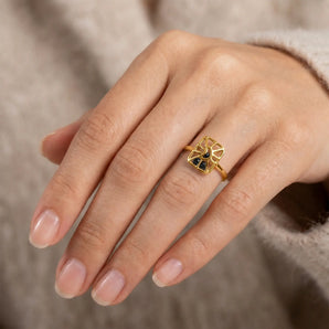 18KT Yellow Gold Vermeil Rectangle Black Onyx Cutout Web Shaker Ring - Lunar Matrix Model Shot