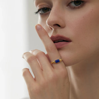 18KT Yellow Gold Vermeil Rectangle Lapis Lazuli Cabochon Ring Axis Model Shot