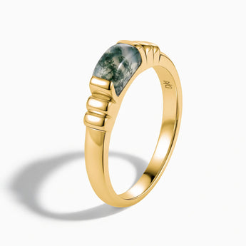 18KT Yellow Gold Vermeil Rectangle Moss Agate Cabochon Ring Axis Side View