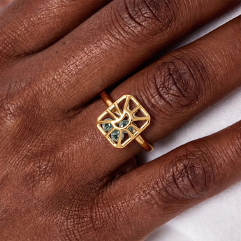 18KT Yellow Gold Vermeil Rectangle Moss Agate Cutout Web Shaker Ring - Lunar Matrix Model Shot