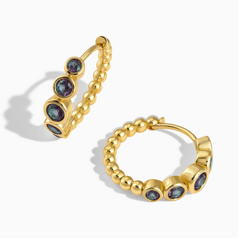 18KT Yellow Gold Vermeil Round Alexandrite Bezel Hoop Earrings - Beaded Reverie Front View