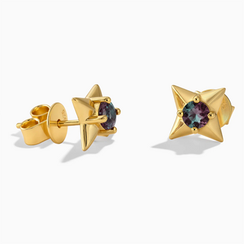 18KT Yellow Gold Vermeil Round Alexandrite Four Point Star Stud Earrings - Wishkeeper Front View
