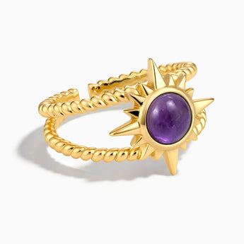 18KT Yellow Gold Vermeil Round Amethyst Sunburst Twisted Ring - Soleil Ray Front View