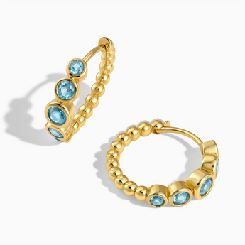 18KT Yellow Gold Vermeil Round Aquamarine Bezel Hoop Earrings - Beaded Reverie Front View