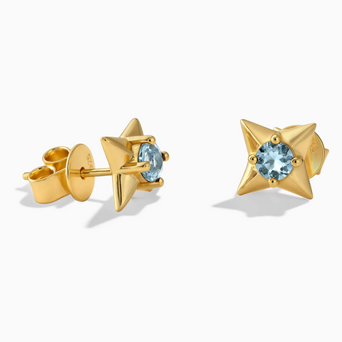 18KT Yellow Gold Vermeil Round Aquamarine Four Point Star Stud Earrings - Wishkeeper Front View