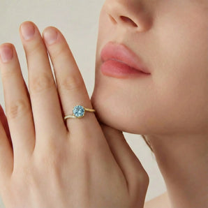 18KT Yellow Gold Vermeil Round Aquamarine Petal Prong Ring - Bloom Model Shot