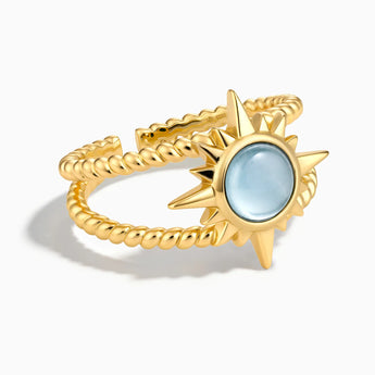 18KT Yellow Gold Vermeil Round Aquamarine Sunburst Twisted Ring - Soleil Ray Front View