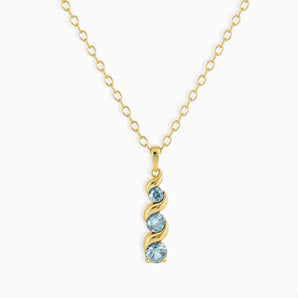 18KT Yellow Gold Vermeil Round Aquamarine Triple Gemstone Twisted Necklace - Spiral Rondo Front View