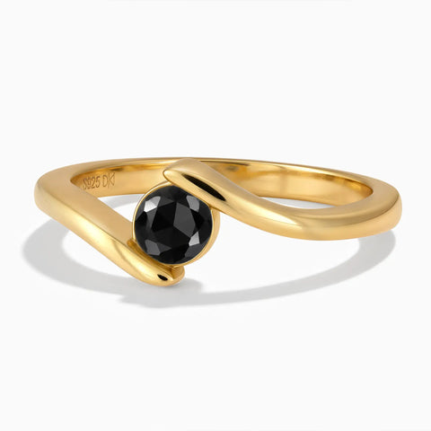 18KT Yellow Gold Vermeil Round Black Onyx Bypass Ring - Soft Haven Front View