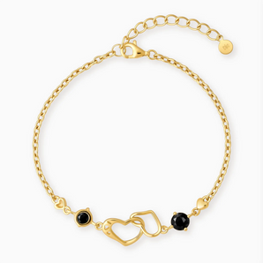 18KT Yellow Gold Vermeil Round Black Onyx Heart Infinity Bracelet - Evermore Front View