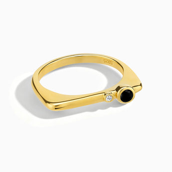 18KT Yellow Gold Vermeil Round Black Onyx Puzzle Stacking Ring - Minimal Still Front View