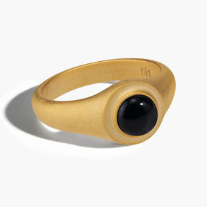 18KT Yellow Gold Vermeil Round Black Onyx Sandblasted Ring - Matte Sculpt Front View