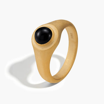 18KT Yellow Gold Vermeil Round Black Onyx Sandblasted Ring - Matte Sculpt Side View