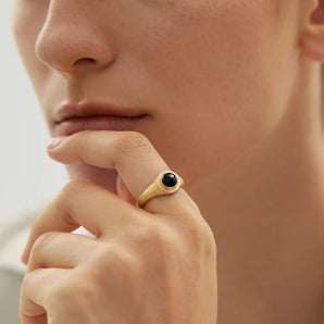 18KT Yellow Gold Vermeil Round Black Onyx Sandblasted Ring - Matte Sculpt Worn View