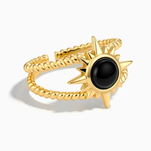 18KT Yellow Gold Vermeil Round Black Onyx Sunburst Twisted Ring - Soleil Ray Front View
