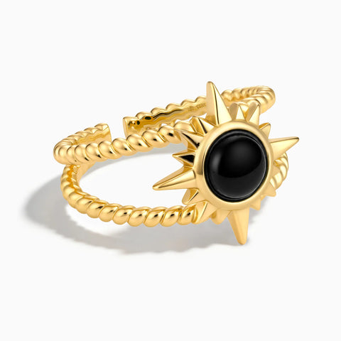 18KT Yellow Gold Vermeil Round Black Onyx Sunburst Twisted Ring - Soleil Ray Front View