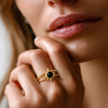 18KT Yellow Gold Vermeil Round Black Onyx Sunburst Twisted Ring - Soleil Ray Model Shot