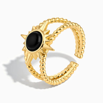 18KT Yellow Gold Vermeil Round Black Onyx Sunburst Twisted Ring - Soleil Ray Side View