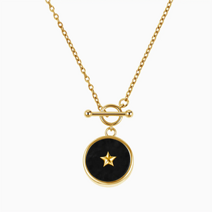 18KT Yellow Gold Vermeil Round Black Onyx Toggle Clasp Necklace - Inner Star Front View