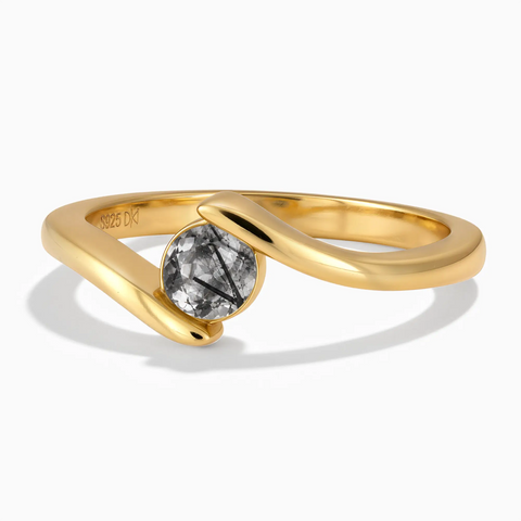 18KT Yellow Gold Vermeil Round Black Rutilated Quartz Bypass Ring - Soft Haven Front View