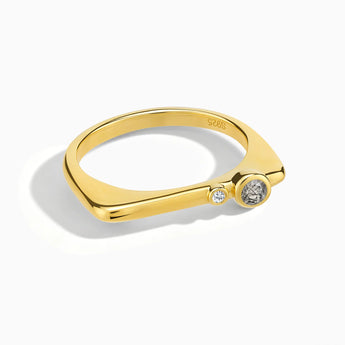 18KT Yellow Gold Vermeil Round Black Rutilated Quartz Puzzle Stacking Ring - Minimal Still Front View