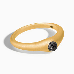 18KT Yellow Gold Vermeil Round Black Rutilated Quartz Sandblasted Dome Ring - Morning Frost Front View