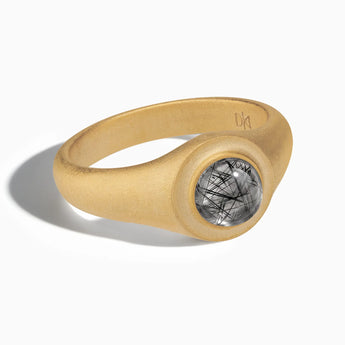 18KT Yellow Gold Vermeil Round Black Rutilated Quartz Sandblasted Ring - Matte Sculpt Front View