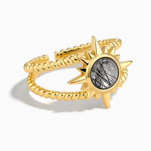 18KT Yellow Gold Vermeil Round Black Rutilated Quartz Sunburst Twisted Ring - Soleil Ray Front View