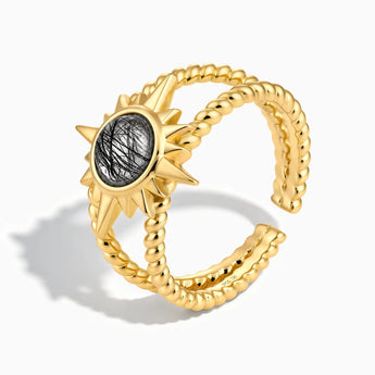 18KT Yellow Gold Vermeil Round Black Rutilated Quartz Sunburst Twisted Ring - Soleil Ray Side View