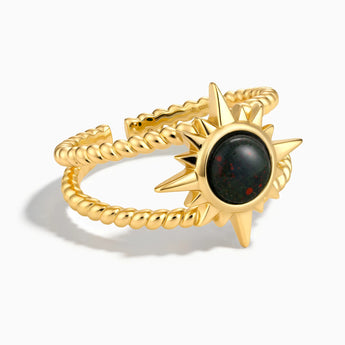 18KT Yellow Gold Vermeil Round Bloodstone Sunburst Twisted Ring - Soleil Ray Front View