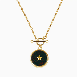 18KT Yellow Gold Vermeil Round Bloodstone Toggle Clasp Necklace - Inner Star Front View