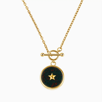 18KT Yellow Gold Vermeil Round Bloodstone Toggle Clasp Necklace - Inner Star Front View