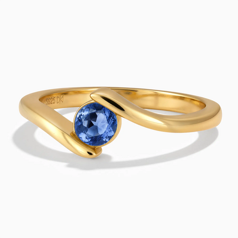 18KT Yellow Gold Vermeil Round Blue Sapphire Bypass Ring - Soft Haven Front View